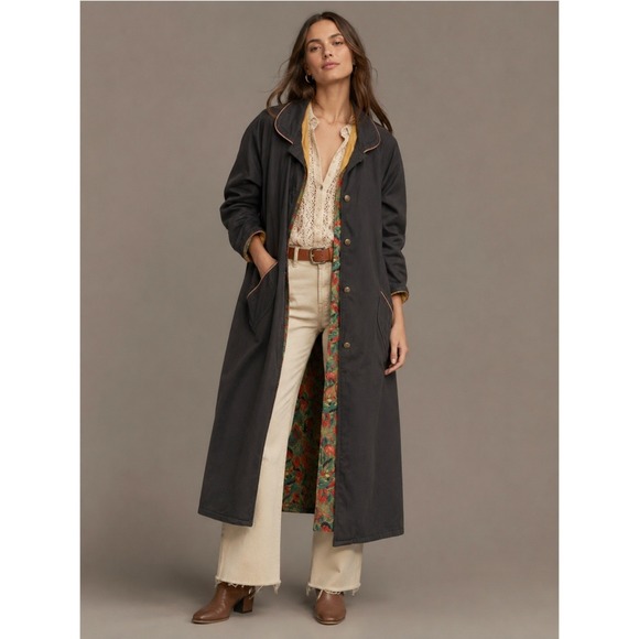 Red Pepper Action Wear Jackets & Blazers - Vtg Red Pepper Action Wear Duster Coat S Black Floral Lined Boho Retro Jacket